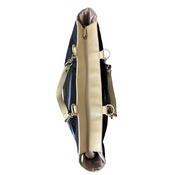 Iman Black Striped Sequined Tan Trimmed Gold Chain Shoulder Straps Tote Bag - Picture 9 of 15